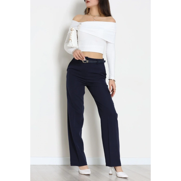 Dabıl Kumaş Kemerli Palazzo Pantolon Lacivert - 51113.1920.