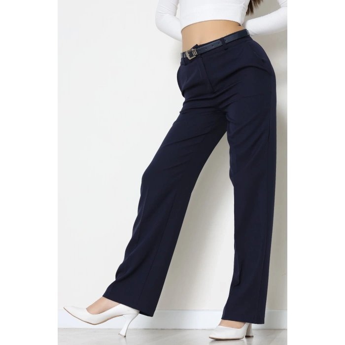 Dabıl Kumaş Kemerli Palazzo Pantolon Lacivert - 51113.1920.