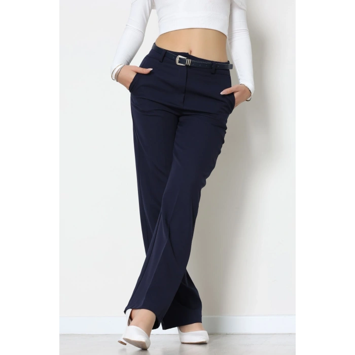 Dabıl Kumaş Kemerli Palazzo Pantolon Lacivert - 51113.1920.