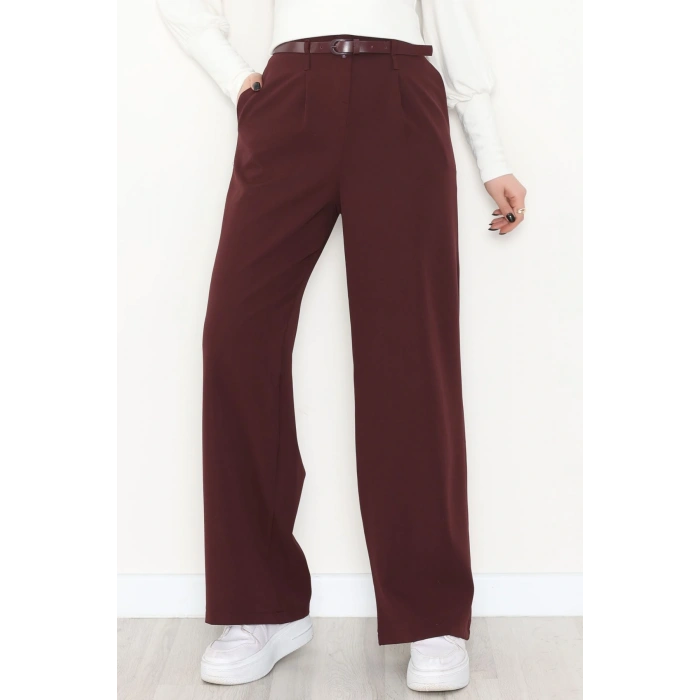 Dabıl Kumaş Kemerli Palazzo Pantolon Mürdüm - 2085.1991.