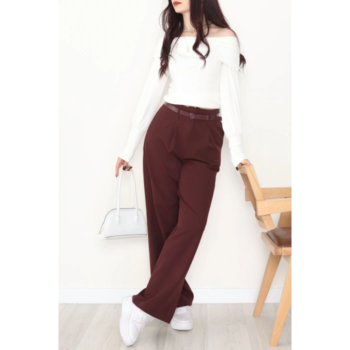 Dabıl Kumaş Kemerli Palazzo Pantolon Mürdüm - 2085.1991.