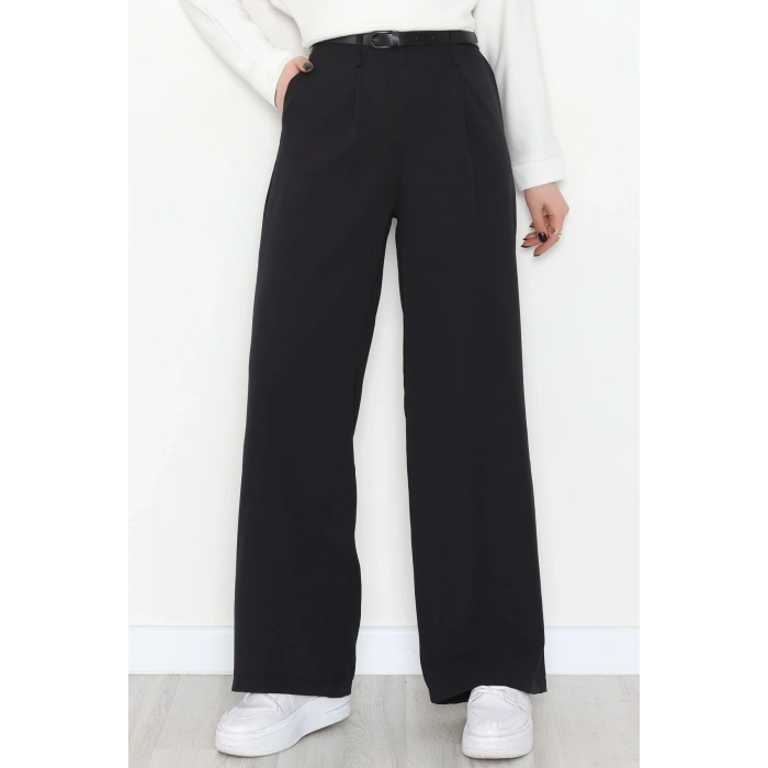Dabıl Kumaş Kemerli Palazzo Pantolon Siyah - 2085.1991.