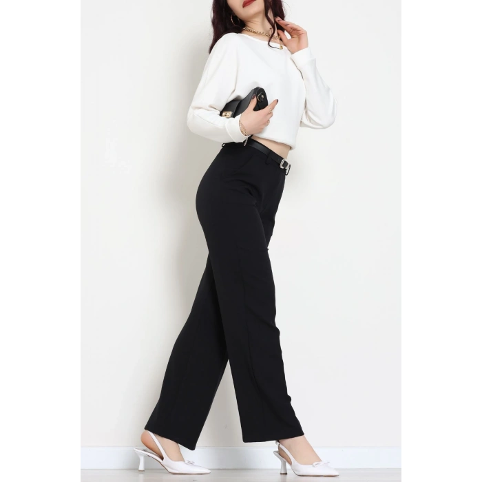 Dabıl Kumaş Kemerli Palazzo Pantolon Siyah - 51113.1920.