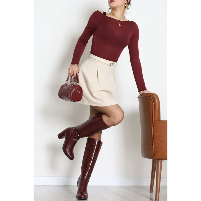 Dabıl Kumaş Kemerli Pileli Etek Bej - 51258.1991.