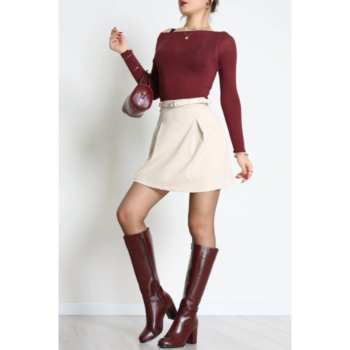 Dabıl Kumaş Kemerli Pileli Etek Bej - 51258.1991.