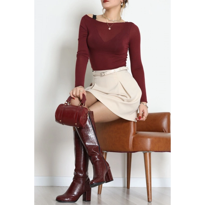 Dabıl Kumaş Kemerli Pileli Etek Bej - 51258.1991.