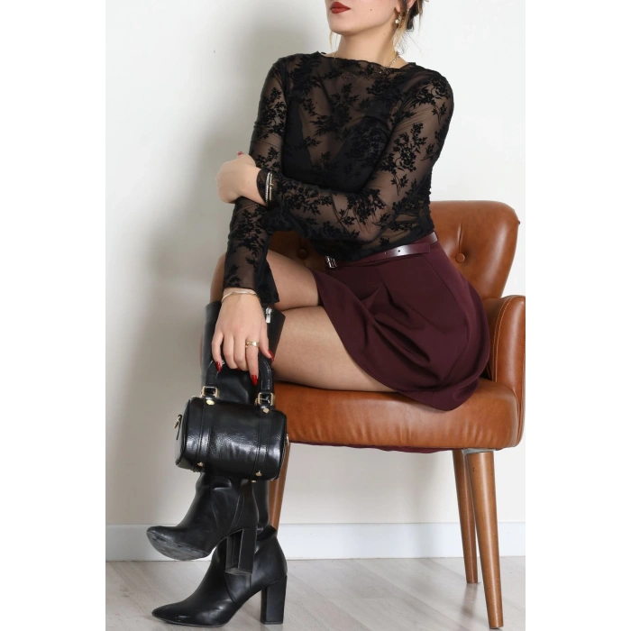 Dabıl Kumaş Kemerli Pileli Etek Mürdüm - 51258.1991.