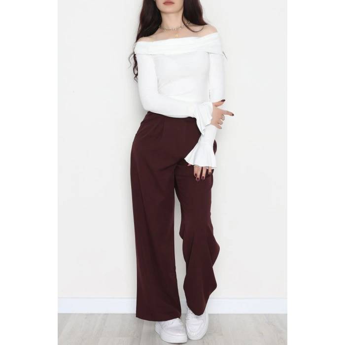 Dabıl Kumaş Önden Pileli Palazzo Pantolon Mürdüm - 2081.1991.