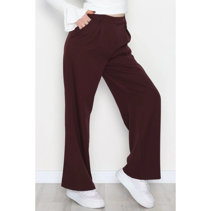 Dabıl Kumaş Önden Pileli Palazzo Pantolon Mürdüm - 2081.1991.