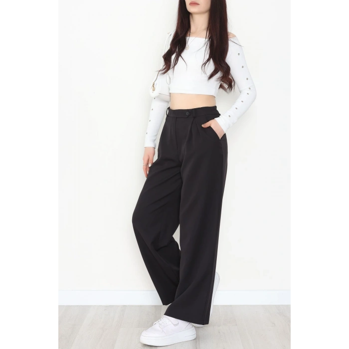 Dabıl Kumaş Önden Pileli Palazzo Pantolon Siyah - 2081.1991.