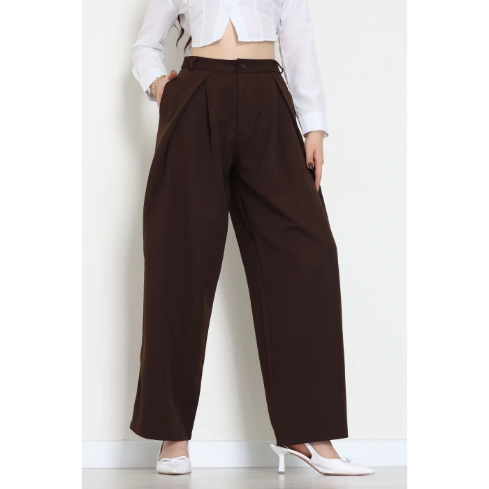 Dabıl Kumaş Pile Detaylı Pantolon Acıkahve - 51610.683.