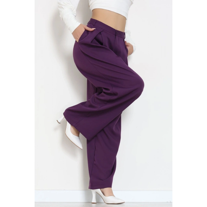 Dabıl Kumaş Pile Detaylı Pantolon Mor - 51610.683.
