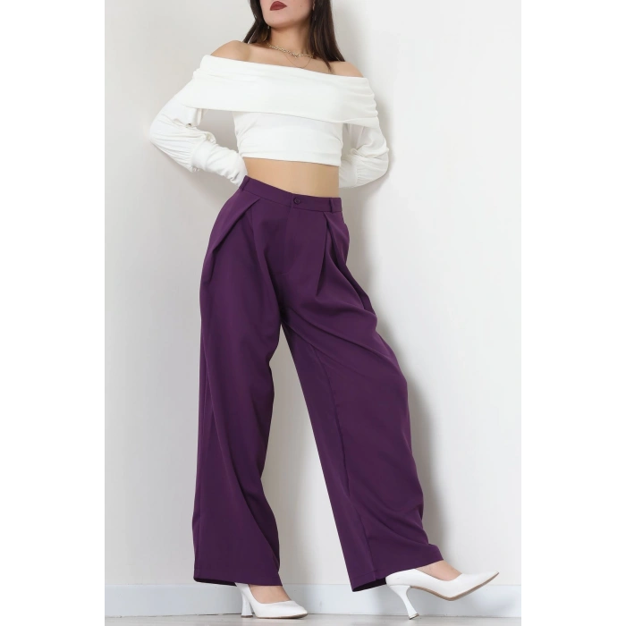 Dabıl Kumaş Pile Detaylı Pantolon Mor - 51610.683.