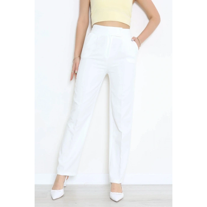 Dabıl Kumaş Pileli Cırtlı Pantolon Beyaz - 71502.1920.