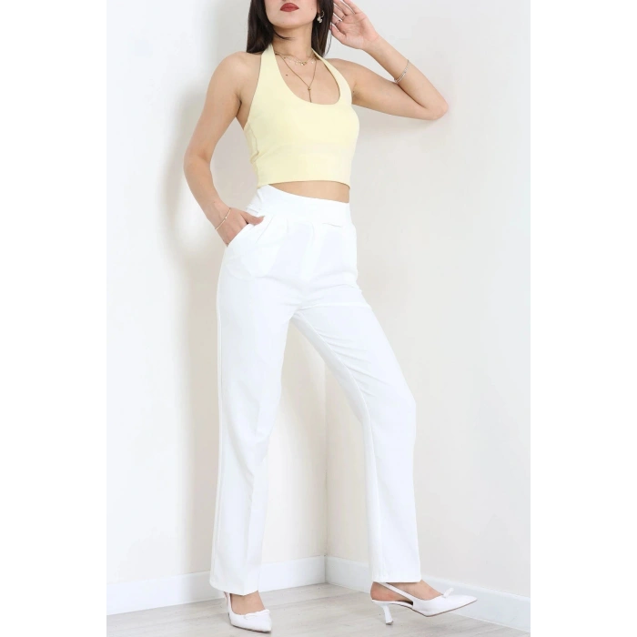 Dabıl Kumaş Pileli Cırtlı Pantolon Beyaz - 71502.1920.