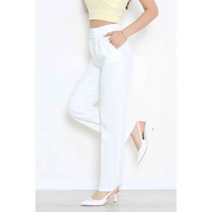 Dabıl Kumaş Pileli Cırtlı Pantolon Beyaz - 71502.1920.