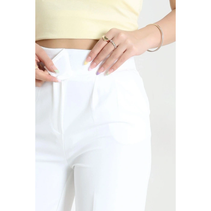 Dabıl Kumaş Pileli Cırtlı Pantolon Beyaz - 71502.1920.