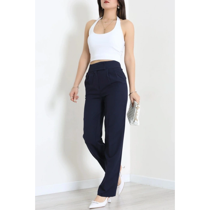Dabıl Kumaş Pileli Cırtlı Pantolon Lacivert - 71502.1920.