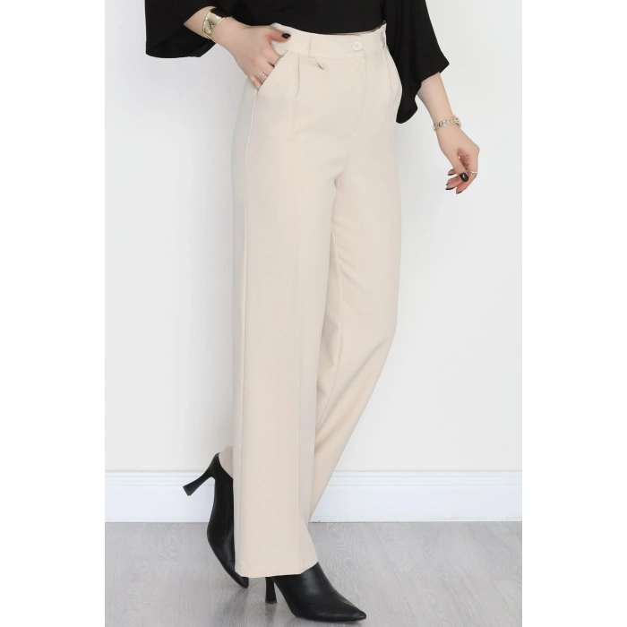 Dabıl Kumaş Pileli Palazzo Pantolon Bej - 51062.1991.