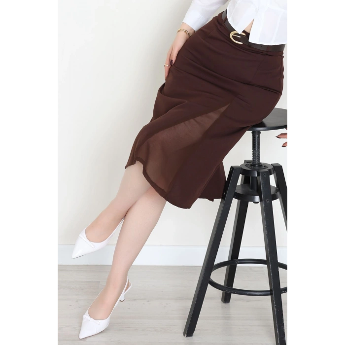 Dabıl Kumaş Tül Yırtmaçlı Etek Kahve - 51260.1991.