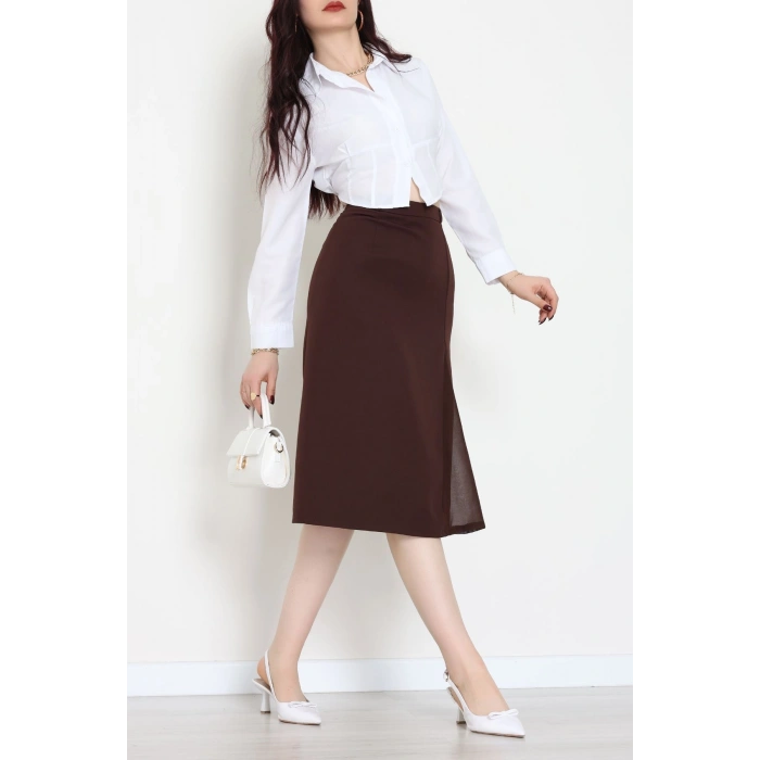 Dabıl Kumaş Tül Yırtmaçlı Etek Kahve - 51260.1991.