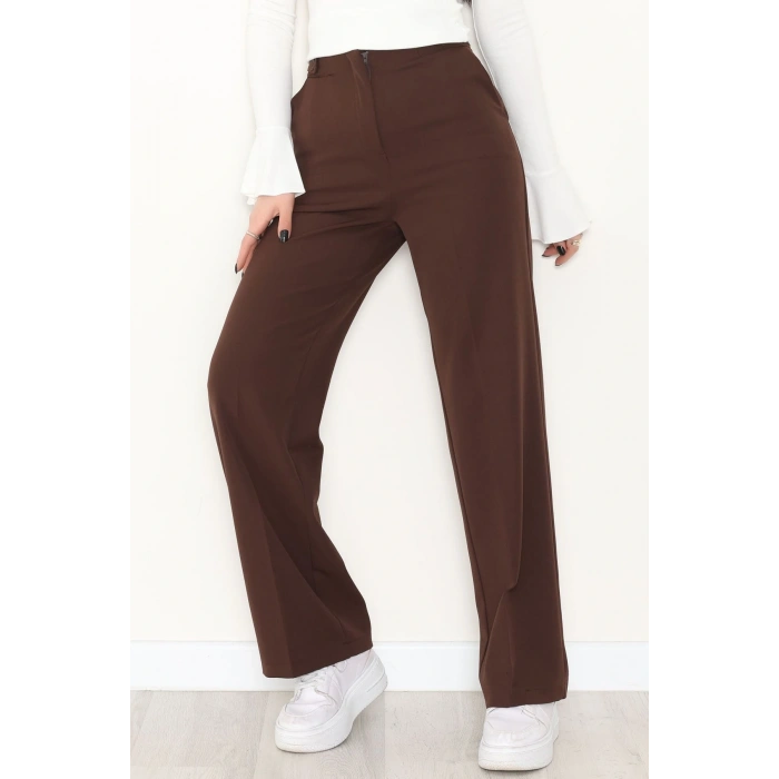 Dabıl Kumaş Yan Düğmeli Palazzo Pantolon Kahve - 2086.1991.