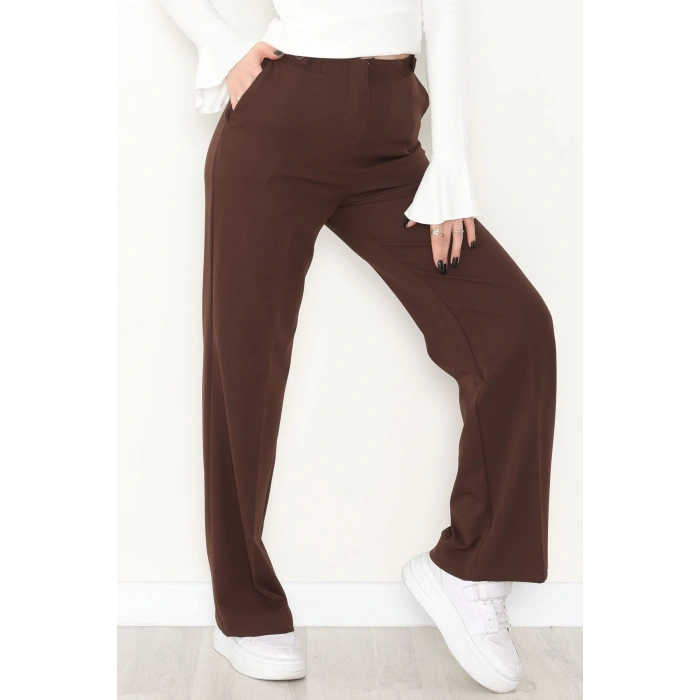 Dabıl Kumaş Yan Düğmeli Palazzo Pantolon Kahve - 2086.1991.