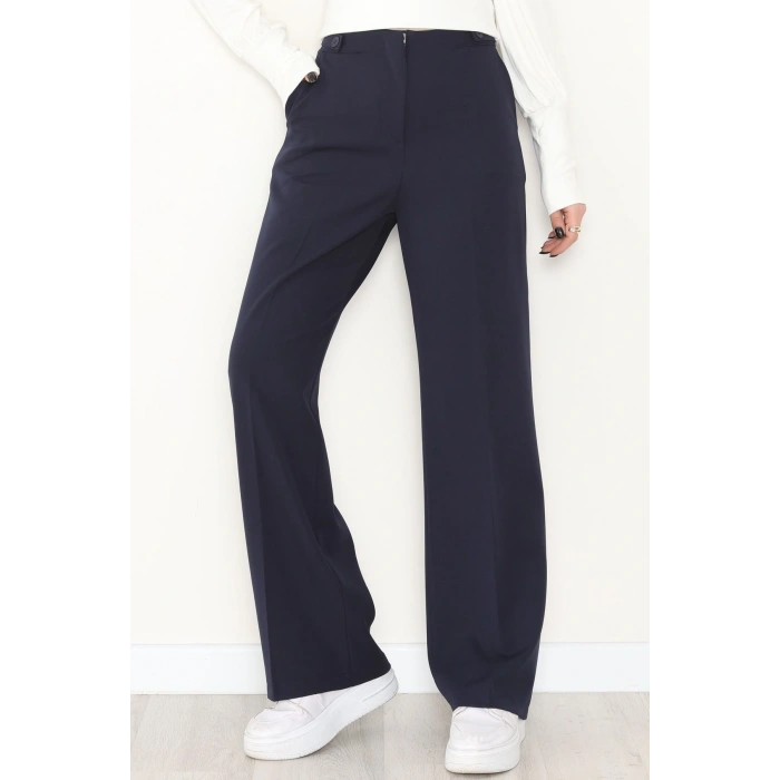 Dabıl Kumaş Yan Düğmeli Palazzo Pantolon Lacivert - 2086.1991.