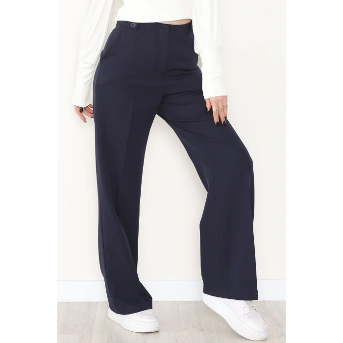 Dabıl Kumaş Yan Düğmeli Palazzo Pantolon Lacivert - 2086.1991.