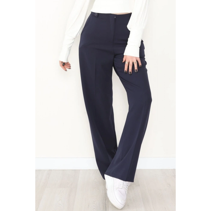 Dabıl Kumaş Yan Düğmeli Palazzo Pantolon Lacivert - 2086.1991.