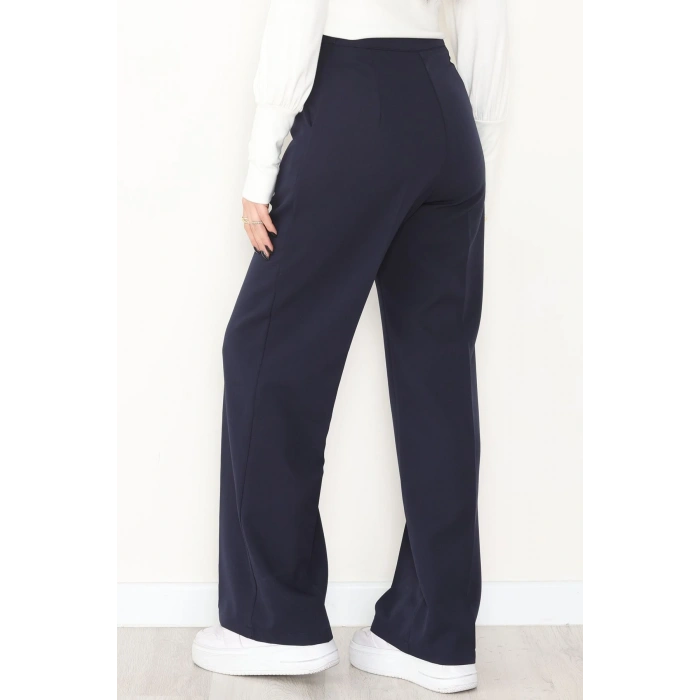 Dabıl Kumaş Yan Düğmeli Palazzo Pantolon Lacivert - 2086.1991.