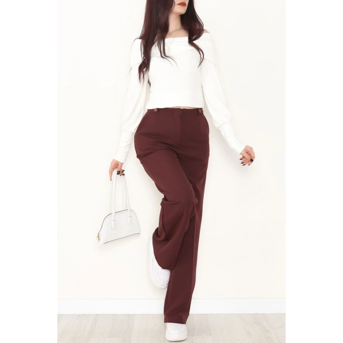 Dabıl Kumaş Yan Düğmeli Palazzo Pantolon Mürdüm - 2086.1991.