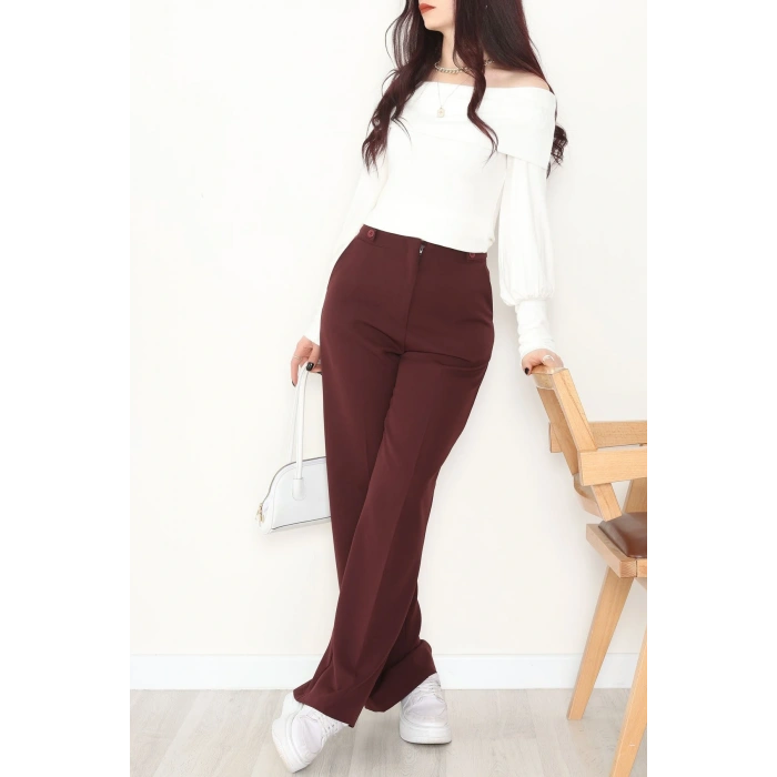 Dabıl Kumaş Yan Düğmeli Palazzo Pantolon Mürdüm - 2086.1991.