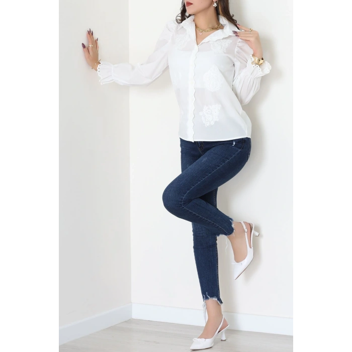 Dakron Kumaş Nakış Detaylı Gömlek Beyaz - 51114.2118.