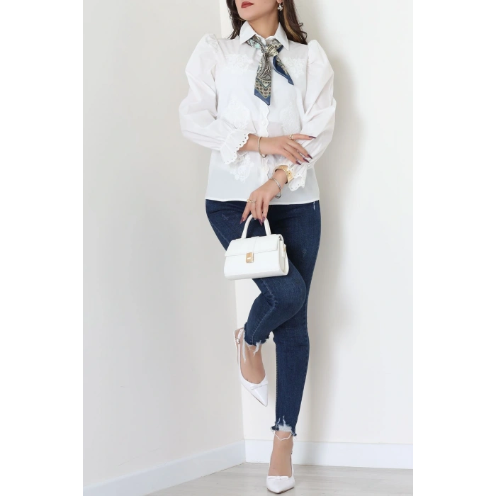 Dakron Kumaş Nakış Detaylı Gömlek Beyaz - 51114.2118.