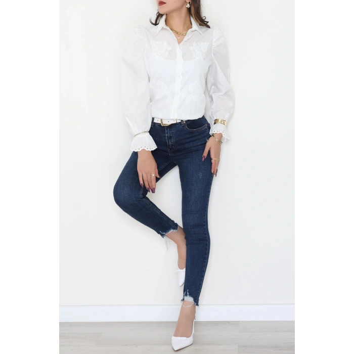 Dakron Kumaş Nakış Detaylı Gömlek Beyaz - 51114.2118.