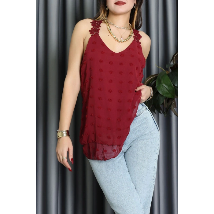 Dantel Askılı Sırtı Çapraz Detaylı Ponpon Bluz Bordo - 72285.1256.