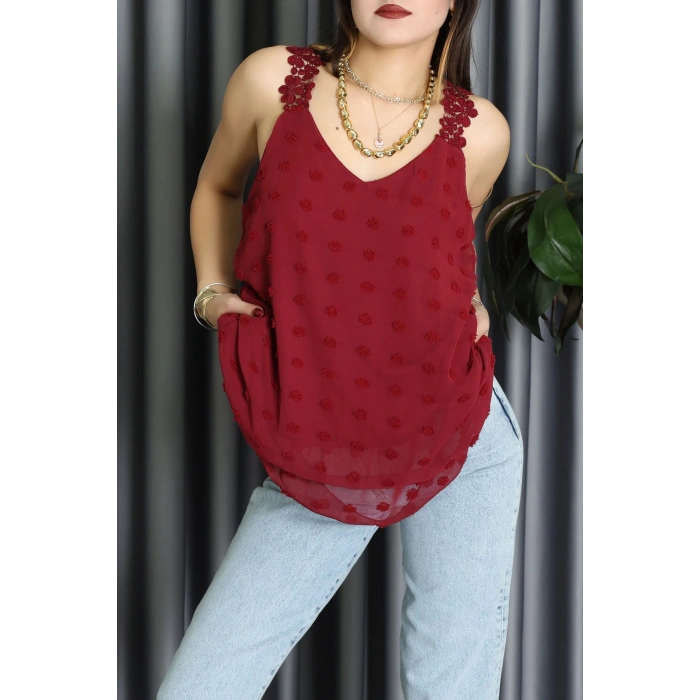 Dantel Askılı Sırtı Çapraz Detaylı Ponpon Bluz Bordo - 72285.1256.