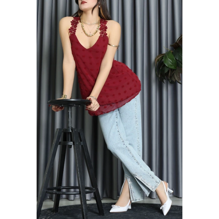 Dantel Askılı Sırtı Çapraz Detaylı Ponpon Bluz Bordo - 72285.1256.