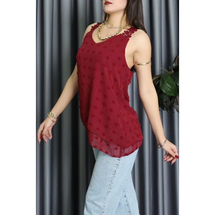 Dantel Askılı Sırtı Çapraz Detaylı Ponpon Bluz Bordo - 72285.1256.