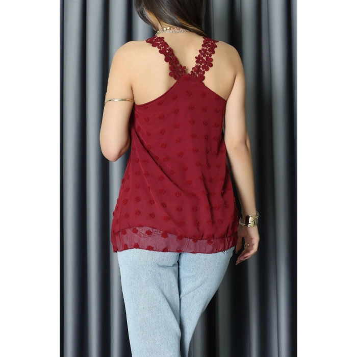 Dantel Askılı Sırtı Çapraz Detaylı Ponpon Bluz Bordo - 72285.1256.