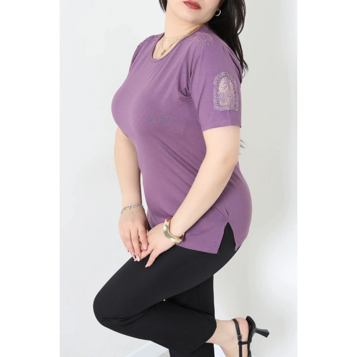 Dantel Detay Büyük Beden Viskon Bluz Lila - 71467.2080.