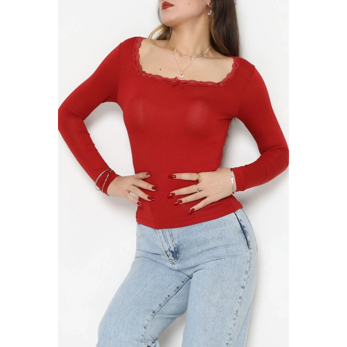 Dantel Detaylı Çerçeve Yaka Viskon Body Bordo - 5505.599.