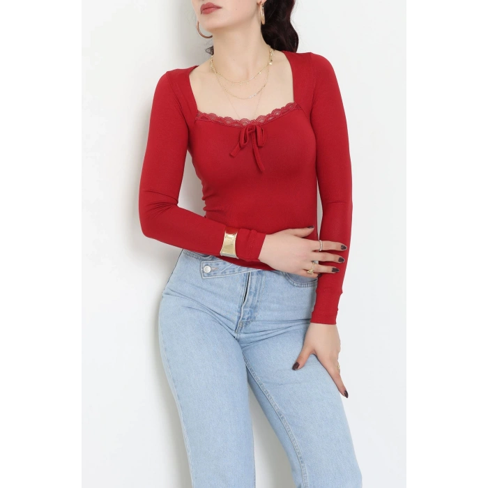Dantel Detaylı Kare Yaka Viskon Body Bordo - 5504.599.