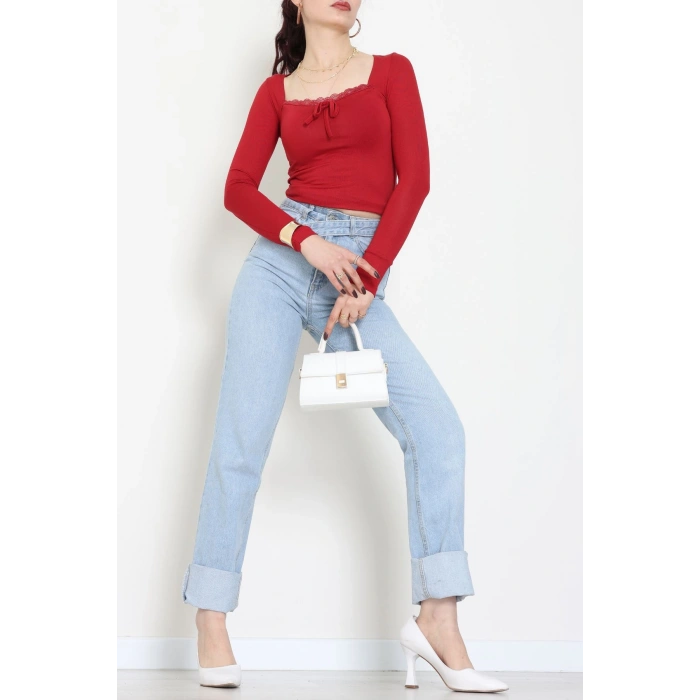 Dantel Detaylı Kare Yaka Viskon Body Bordo - 5504.599.