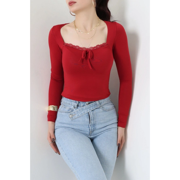 Dantel Detaylı Kare Yaka Viskon Body Bordo - 5504.599.