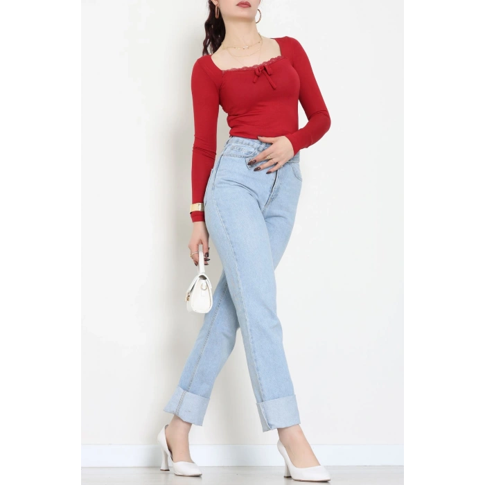 Dantel Detaylı Kare Yaka Viskon Body Bordo - 5504.599.