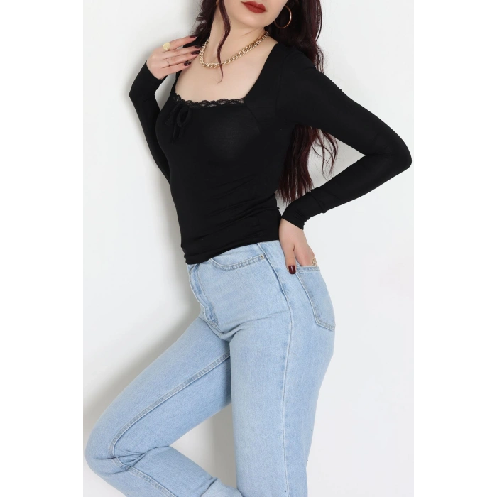 Dantel Detaylı Kare Yaka Viskon Body Siyah - 5504.599.