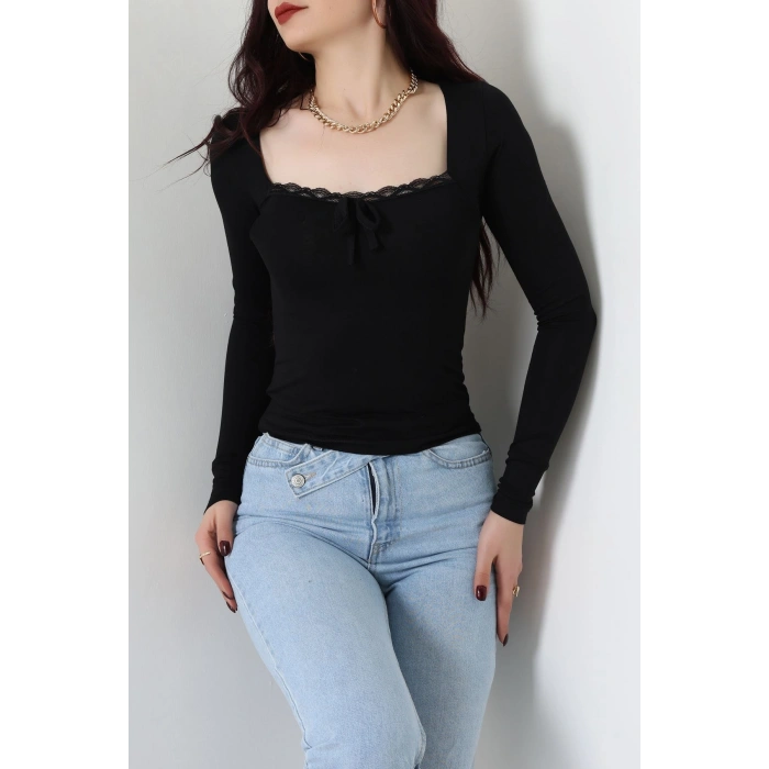 Dantel Detaylı Kare Yaka Viskon Body Siyah - 5504.599.