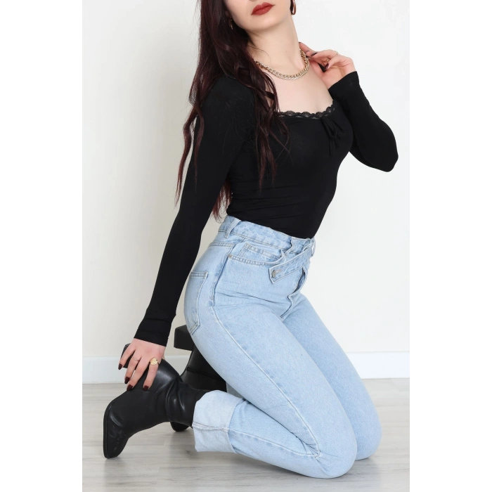 Dantel Detaylı Kare Yaka Viskon Body Siyah - 5504.599.